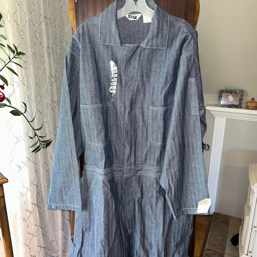 NWT Key Denim work coveralls blue white pin herringbone cotton 46 R